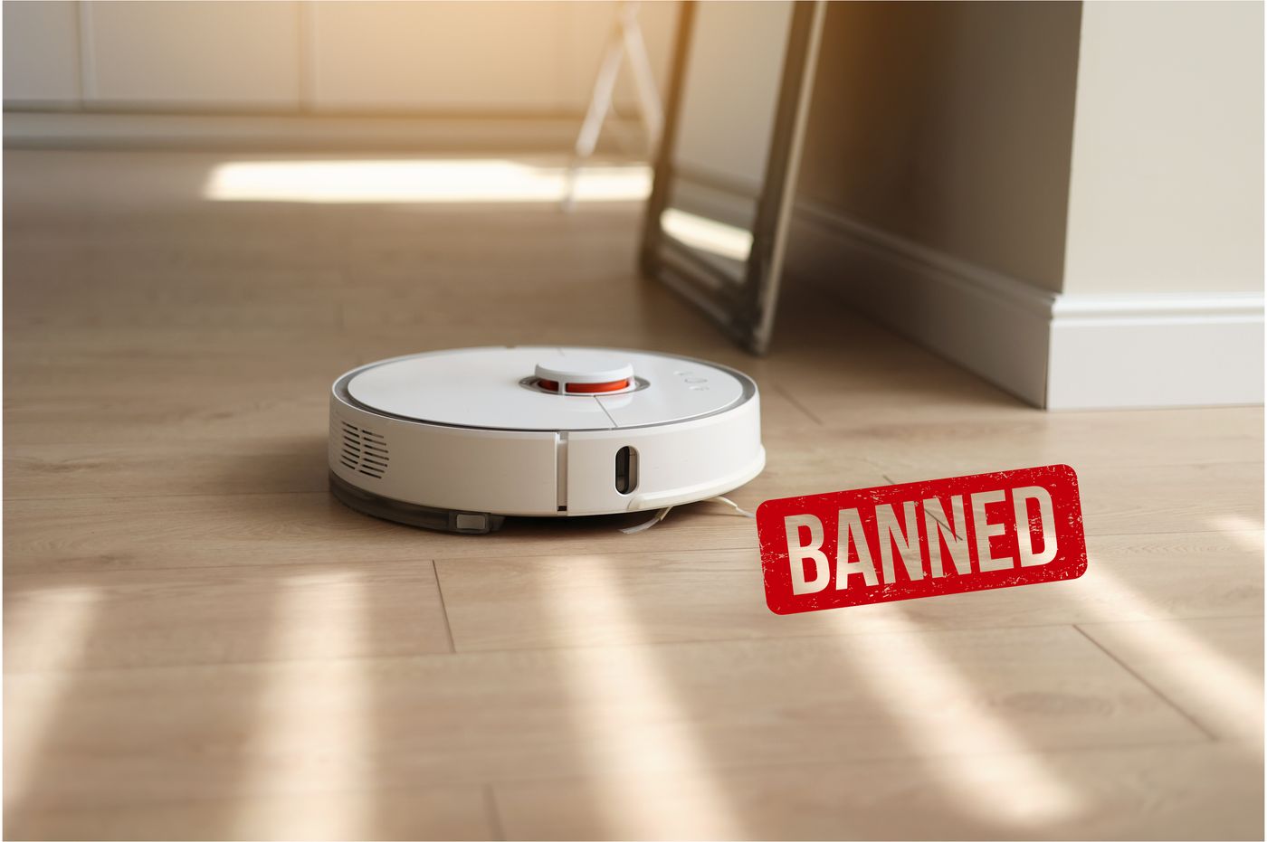A Roborock robot vacuum cleaning a hardwood floor representing the FCC decision on July 28 2026 to add foreign-made advanced robotic devices including robot vacuums to its Covered List blocking new models from Roborock Ecovacs Dreame and others from entering the US market