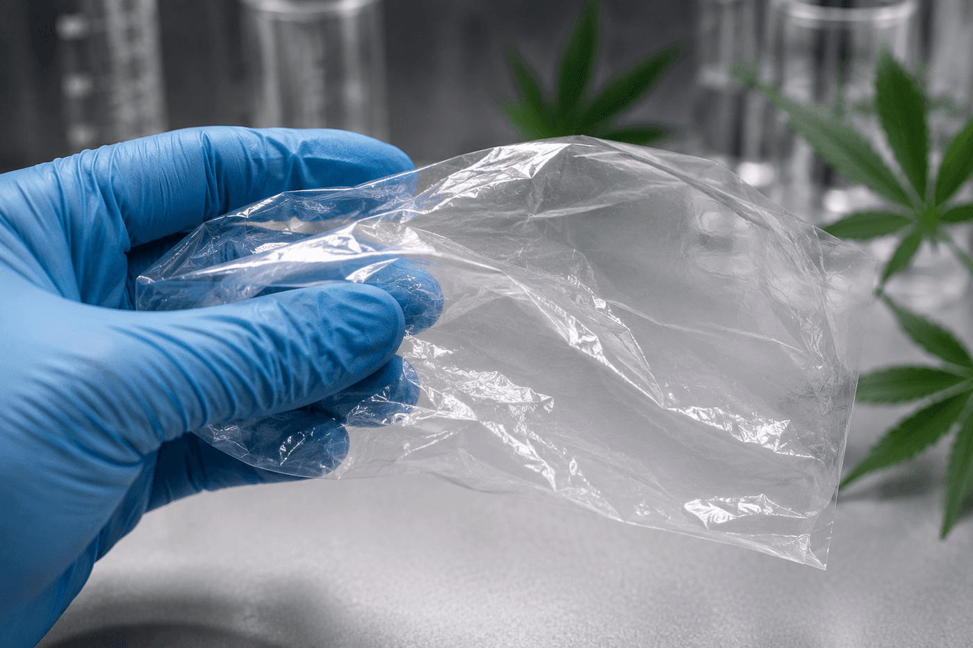 Researcher holding a transparent film of hemp-derived polycannabidiol carbonate thermoplastic developed at the University of Connecticut as a PET alternative