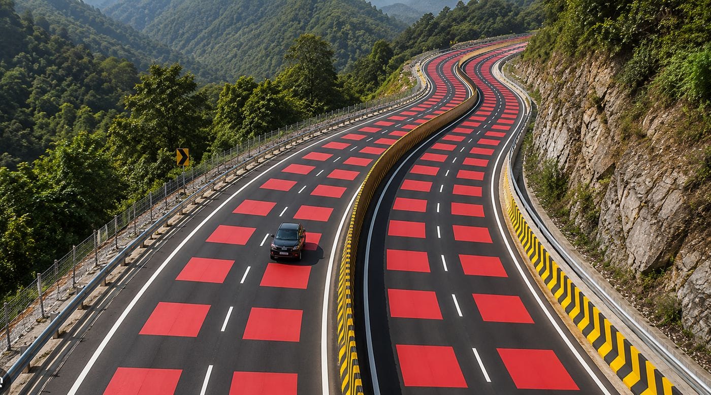 Aerial view of the bright red table-top thermoplastic markings on National Highway 45