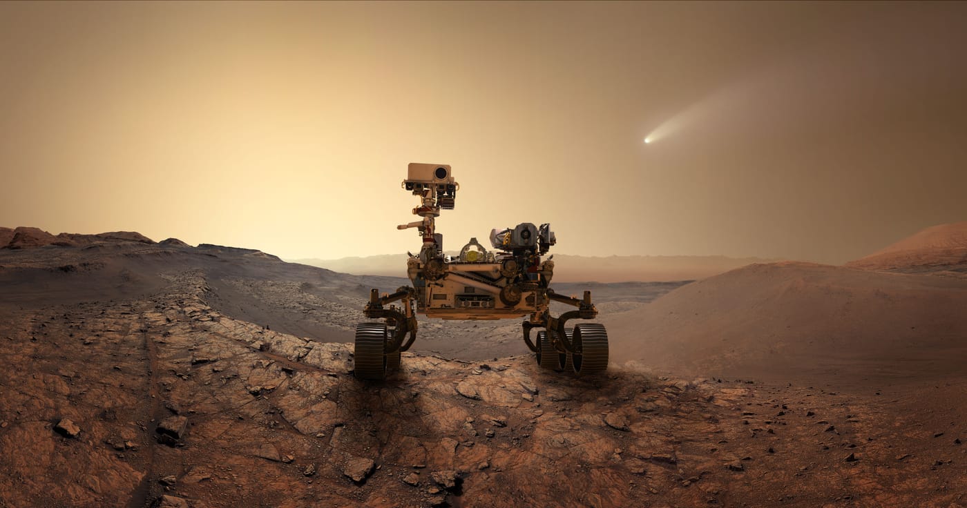 NASA's Perseverance rover on the Martian surface near Jezero Crater having just surpassed 26.2 miles of total travel to complete a Martian marathon five years after landing in February 2021
