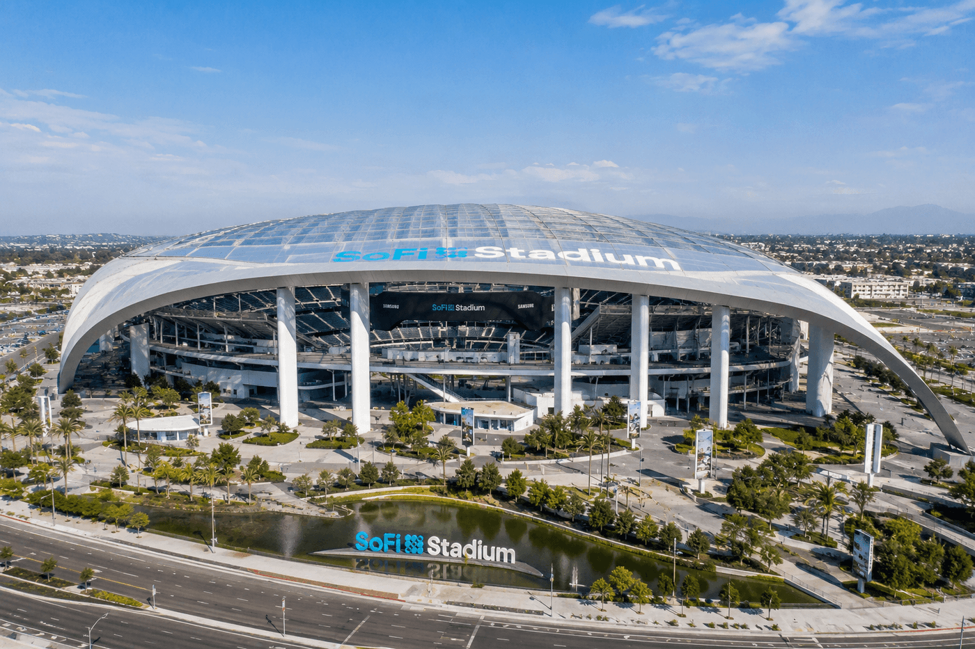 SoFi Stadium in Inglewood California lit up for a major event
