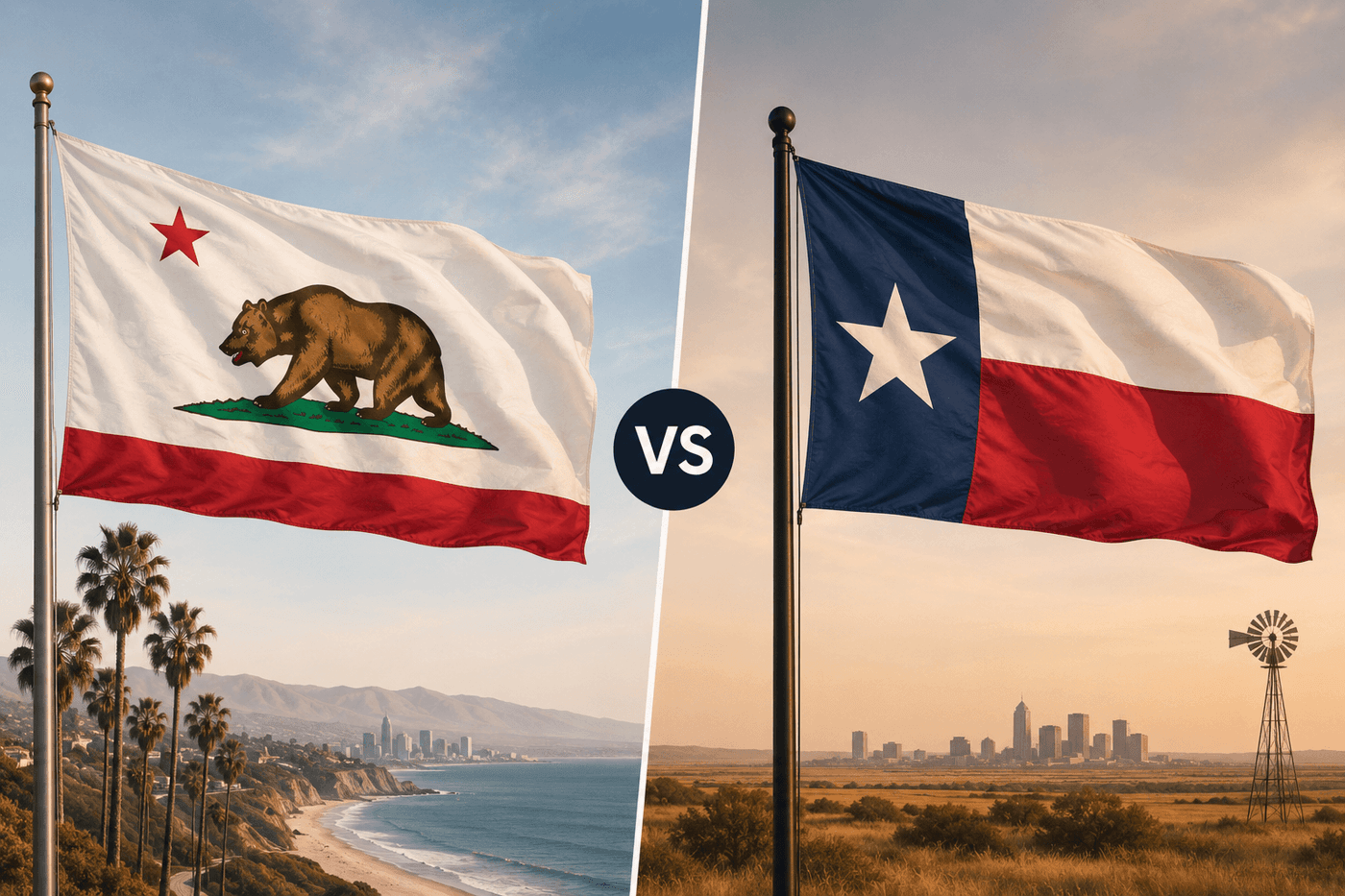 California state flag and American flag flying together in the sunshine