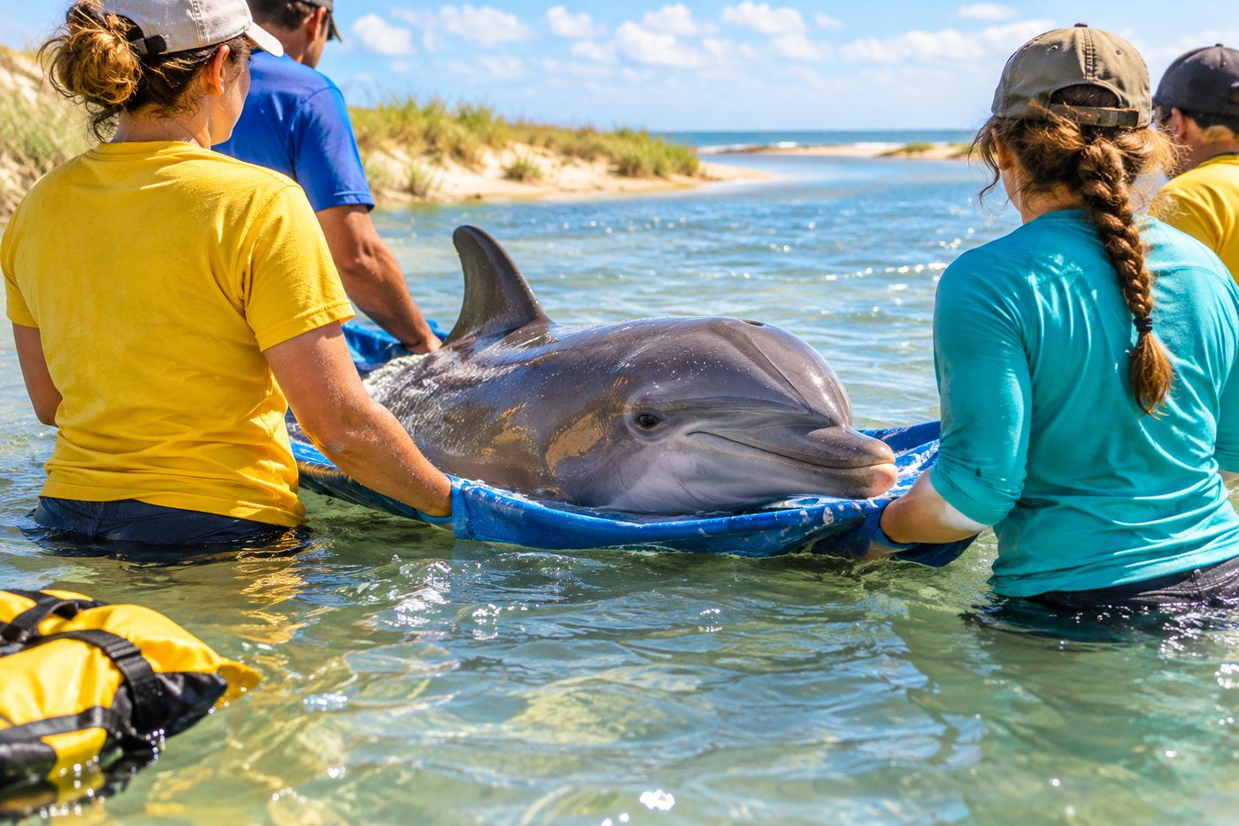 volunteers helping dolphin in creek
