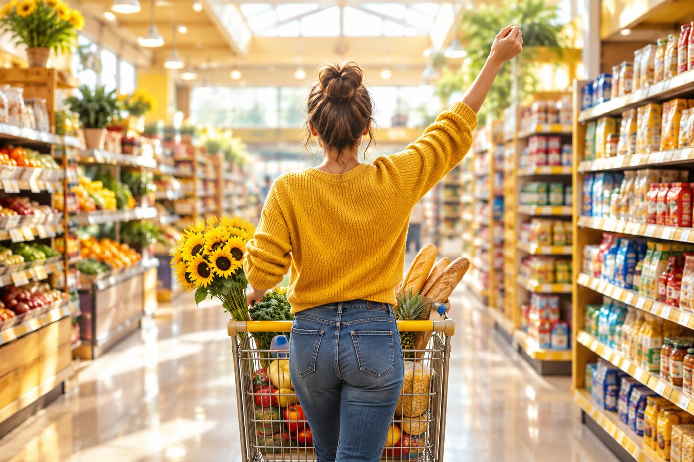 grocery cart full of food