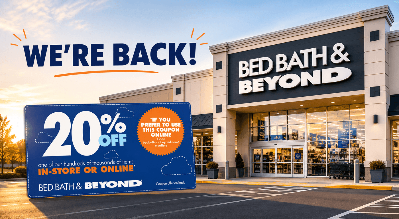 Bed Bath and Beyond storefront with iconic blue coupon