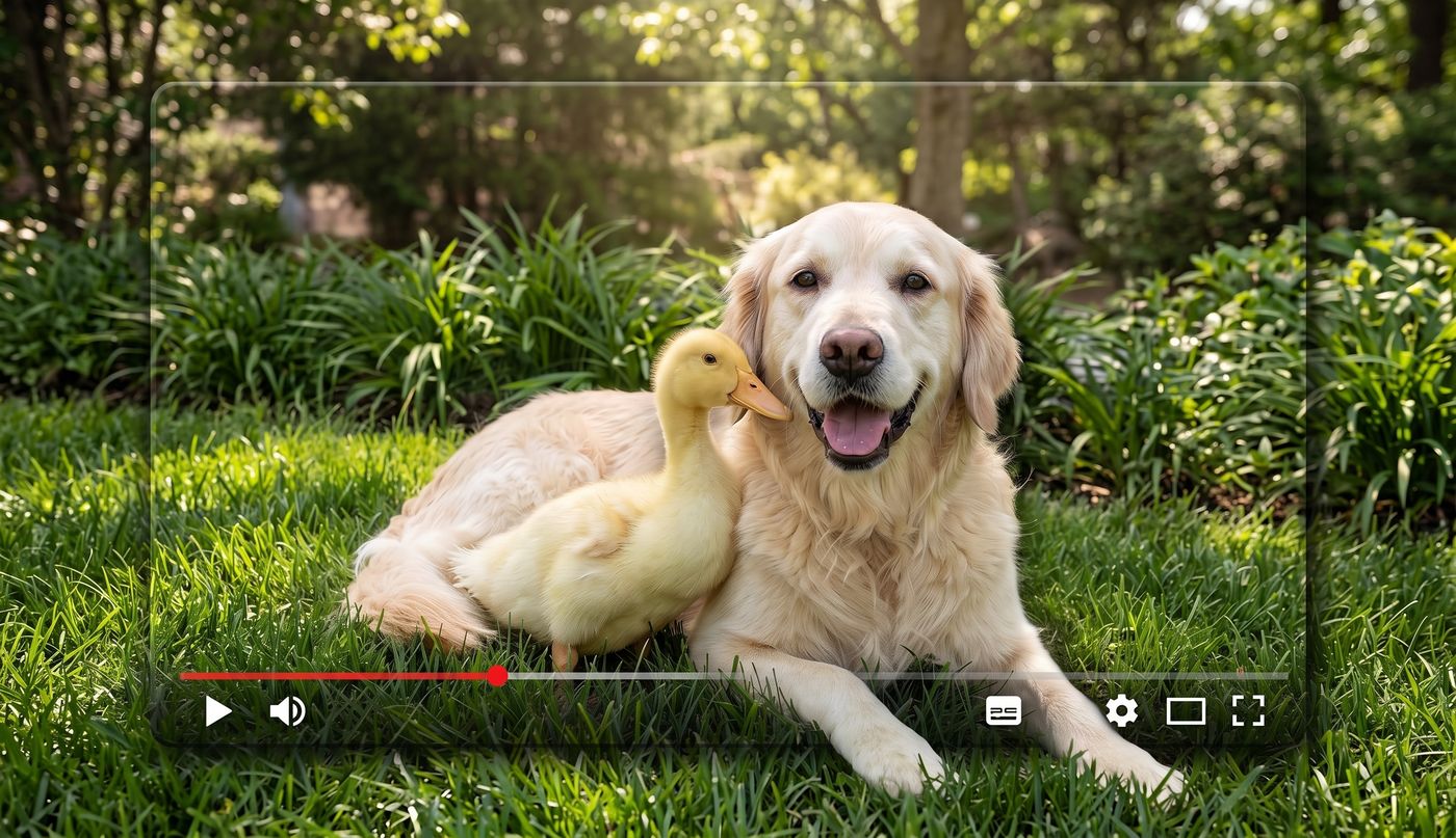 Louie the duck and Barley golden retriever