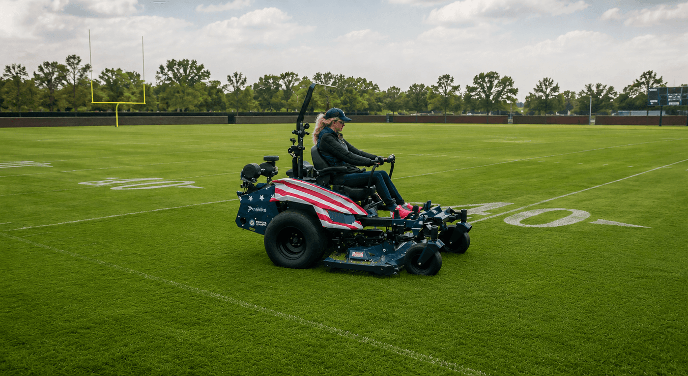 Hali Rieman known as Lawn Queen driving a Rehlko Command PRO 999cc lawnmower across the TurfMutt Great Lawn at Louisville Waterfront Park to set a Guinness World Record