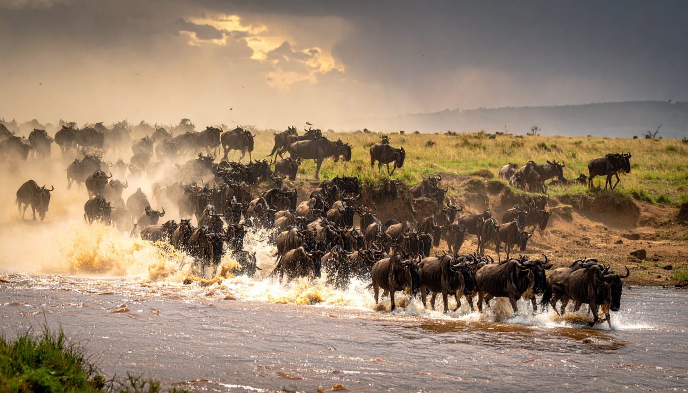 Aerial photograph of millions of white-eared kob antelope migrating across the Boma-Badingilo landscape in South Sudan the world's largest mammal migration