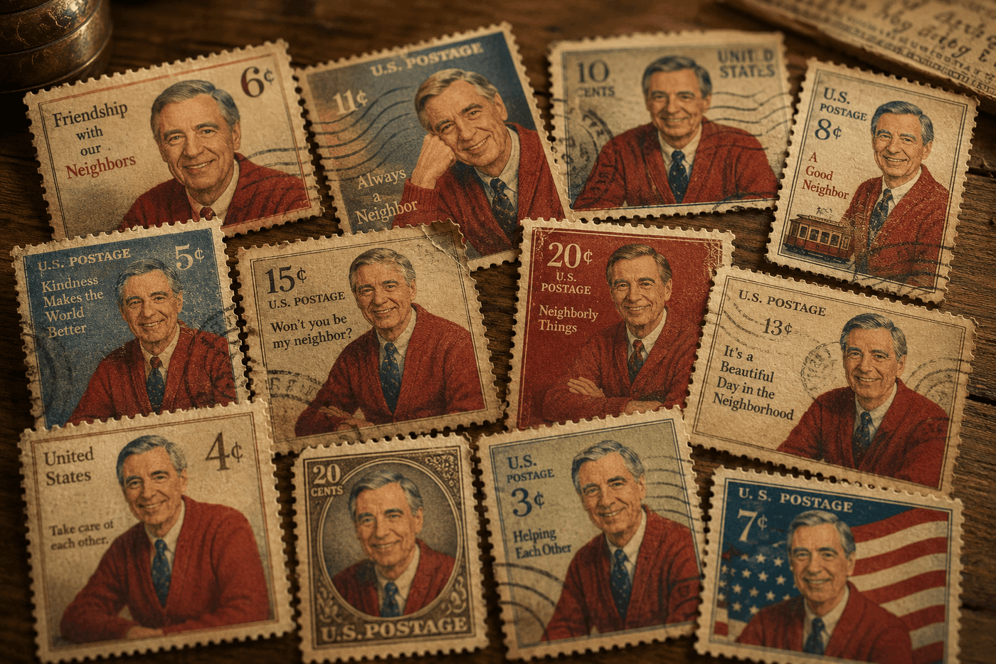 The reissued 2018 Mister Rogers USPS Forever stamp featuring Fred Rogers in his red cardigan with King Friday XIII from the Neighborhood of Make Believe