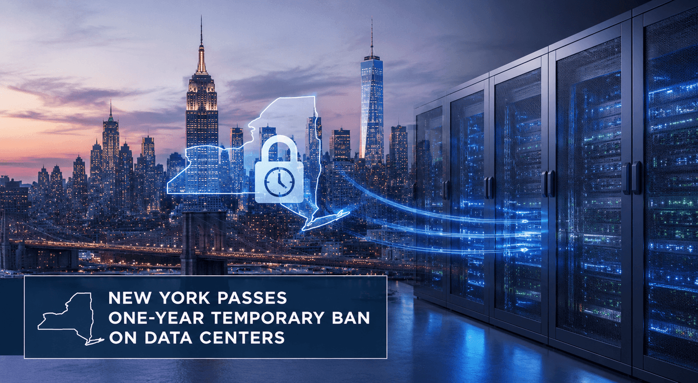Amazon Web Services data center situated near single-family homes representing the New York state legislature vote to pass a first-in-the-nation one-year data center moratorium