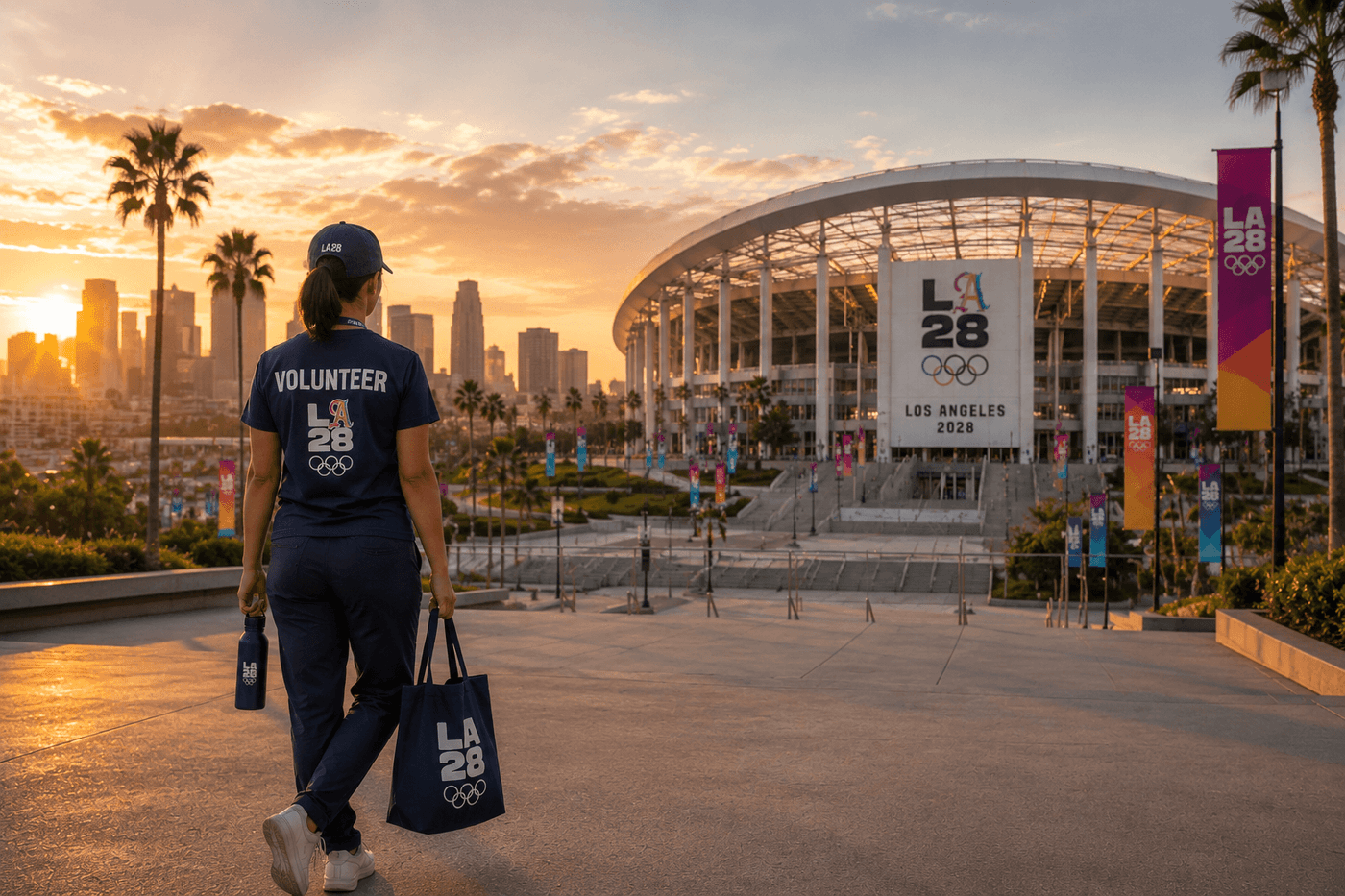 LA28 Olympics logo with Los Angeles cityscape in the background
