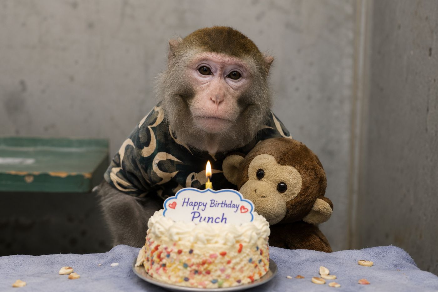 Punch a one-year-old Japanese macaque playing at Ichikawa City Zoological and Botanical Garden east of Tokyo on July 23 2026 the monkey who went viral after being photographed clinging to a stuffed orangutan plushie after being orphaned at birth