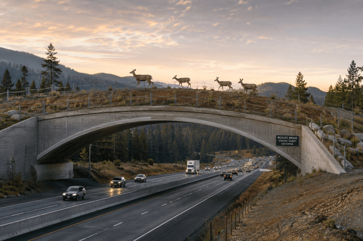Mule deer crossing a new wildlife overpass in Siskiyou County California